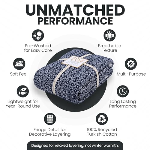 Gold Case Throw Blanket for Bed - 100% Recycled Turkish Cotton Blanket - Retro Lightweight Soft Throw Blankets for Bed & Living Room - Queen Size Cozy Blankets - 90x90 - Navy Blue - color: Retro Navy Blue, size: 90x90"