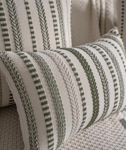 Cethom Green Boho Lumbar Pillow Covers 14x36 Long, Stripe Textured Decorative Couch Pillow Cases for Bed, Sofa, Living Room, Bedroom, Farmhouse Home Accent Cushion Covers, Pack of 1 - color: Green, size: 36" x 14" (Pack of 1)