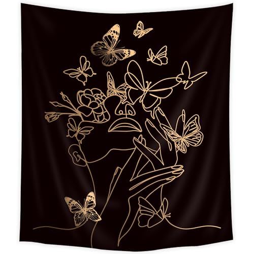 SVBright Simple Woman Flower with Butterfly Fabric Wall Hanging Tapestry 51Wx59H Inch Art Line Aesthetic Modern Minimalist Sketch Wall Black Gold Hanging Home Decor Art for Living Room Bedroom Dorm - color: Black Simple Woman, size: 59"L x 51"W