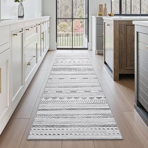 2x10 Runner Rug Machine Washable Non Slip Area Rug Distressed Neutral Moroccan Boho Rug Ultra Soft Floor Runners for Hallways for Entryway Laundry Room Kitchen, Black - color: Black, size: 2' x 10' (Runner)