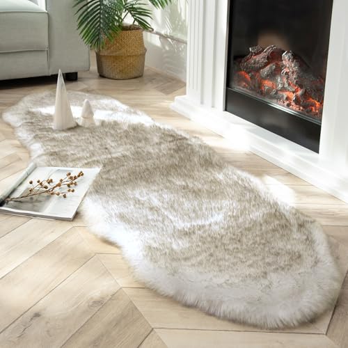 Ashler Home Deco Ultra Soft Faux Fox Fur Rug White Brown Fluffy Area Rug, Carpets Fluffy Rug Chair for Bedroom Floor Sofa Living Room 2 x 6 Feet - color: White Brown, size: 2 x 6 ft