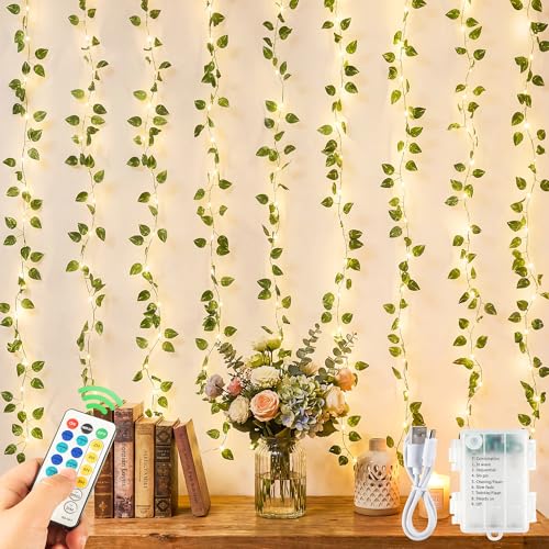 YOUNGAR Pothos Vines with Fairy Lights,Battery/USB Operated Leaf String Warm White Lights,23FT 73LED vine lights with Remote for Bedroom Garland Wedding Birthday Garden Party Wall Room Headboard Decor - color: Pothos (Warm White), size: 73 LED-USB/Battery