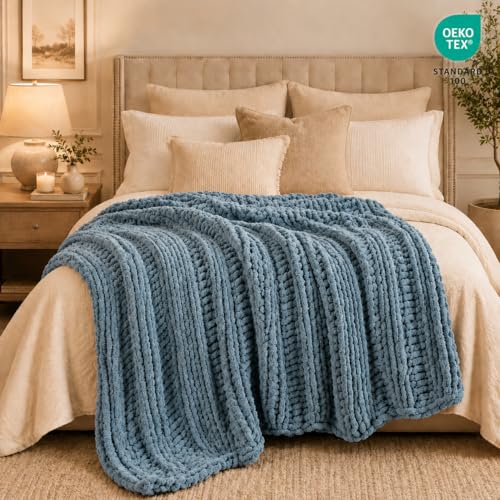 Battilo Chunky Knit Throw Blanket for Couch, Hand Made Chenille Throw Blanket, Super Soft Warm Cozy Dusty Blue Blanket for Bed, Sofa, Living Room, 50"x60" - color: Dusty Blue