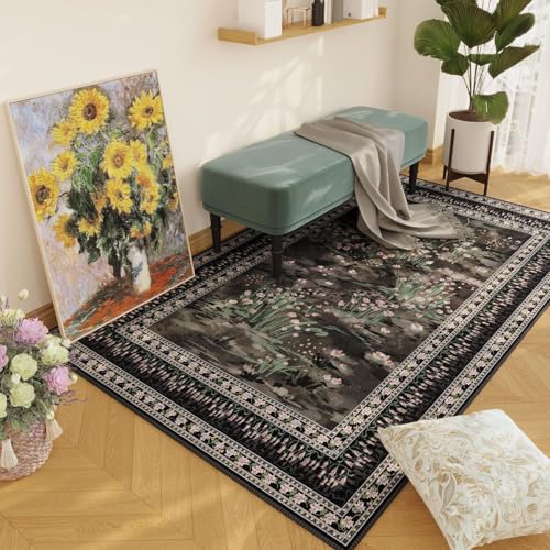 Rugcomf 3x5 Washable Rug Impressionist-Style Vintage Non Slip Low Pile Small Carpet for Bedroom Bedside Kitchen Entryway Kids Room Office College Dorm Essentials for Girls, Black - color: Black, size: 3' x 5' (Rectangular)