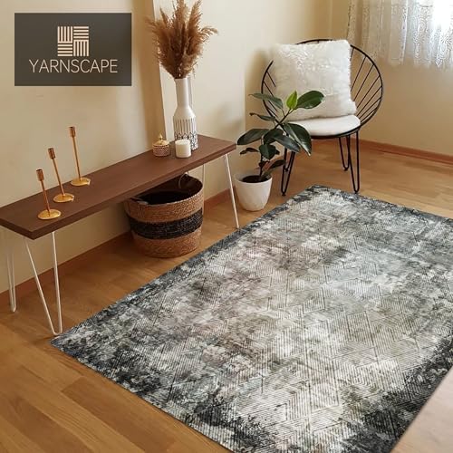 YARNSCAPE 3' x 5 ' Washable Area Rug - Low Pile Soft Vintage Indoor Rug for Living, Dining or Bedroom - Lightweight Carpet with Non-Slip Backing - Foldable for Easy Placement, Blackish - color: Texture-blackish, size: 3' x 5' (Rectangular)
