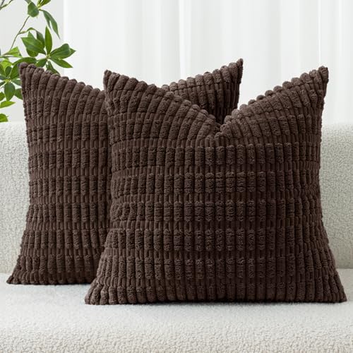 MIULEE Pack of 2 Corduroy Decorative Throw Pillow Covers 16x16 Inch Soft Boho Striped Pillow Covers Modern Farmhouse Home Decor for Sofa Living Room Couch Bed Dark Brown - color: Dark Brown, size: 16" x 16" (Pack of 2)