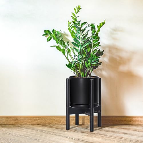 D'vine Dev Ceramic Planter with Ebony Stand - 8 Inch Modern Round Flower Pot with Wood Planter Holder, Black, 55-B-M-2 - color: Black Pot + Ebony Stand, size: 8 Inch