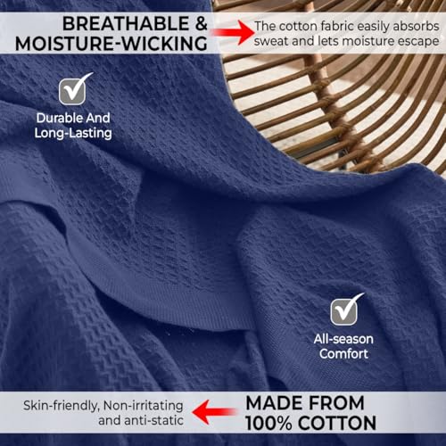 100% Cotton Blankets for Bed - Waffle Weave Blankets for Summer, Lightweight and Breathable Soft Woven Blanket for Spring (Navy, Throw (50" x 60")) - color: Navy, size: Throw (50" x 60")