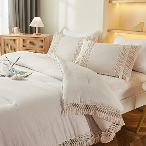 Beige Gray Tassel Pillowcases, Cream Boho Pillow Cases Set of 2, 100% Washed Microfiber, Beige Macrame Tassel Pillow Cover, 2 Pack (Queen, Beige Tassel) - color: Beige Tassel, size: Queen, 20" x 30" (Pack of 2)