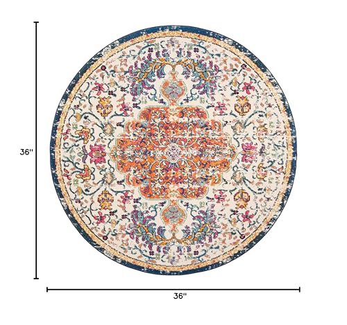 SAFAVIEH Madison Collection Area Rug - 3' Round, Ivory & Orange, Boho Chic Medallion Distressed Design, Non-Shedding & Easy Care, Ideal for High Traffic Areas in Living Room, Bedroom (MAD447A) - color: Ivory/Orange, size: 3' (Round)