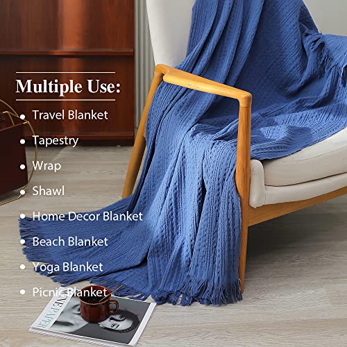 Simple&Opulence 100% Cotton Throw Blanket for Couch, Bed, Waffle Weave Cable Knit Blanket with Tassels, Soft Lightweight Pre-Washed Breathable Cozy Blanket Farmhouse Decoration for All-Season (Blue) - color: Blue
