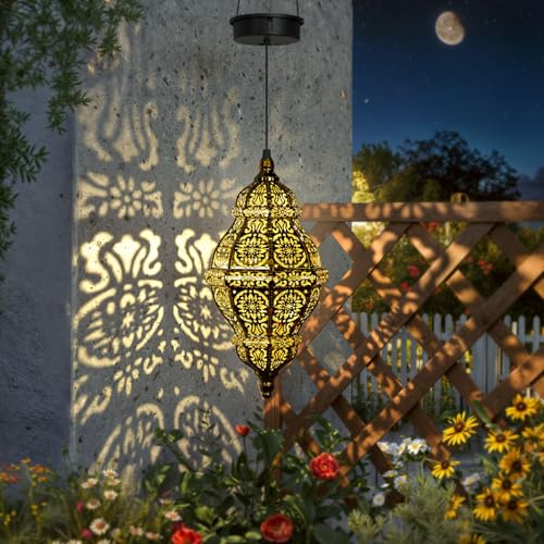 Twinkya Hanging Solar Lights Outdoor Garden Decor, Decorative Waterproof Plastic Moroccan Solar Lantern Lamp, Outside Decorations for Patio Yard Porch Backyard Decor, Gardening Gifts for Women Mom - color: Brown Gold, size: 1pack