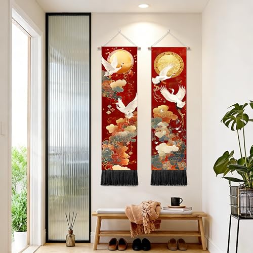 seewan 2 Pack Long Vertical Wall Tapestry, Boho Nature Landscape & Floral Aesthetic Wall Hanging for Bedroom Living Room Home Decor, Long Narrow Art Tapestry with Sunrise Mountain Botanical Designs, 13" × 51" (Orient Golden Festive, 13"Wx51"H, Unframed) -