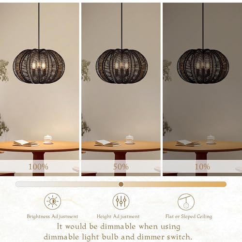 17.7 Inch Rattan Pendant Light Black Hemp Rope Rattan Light Fixture Woven Pendant Wicker Chandelier 3-Light Boho Chandelier for Foyer - color: 17.7" Black