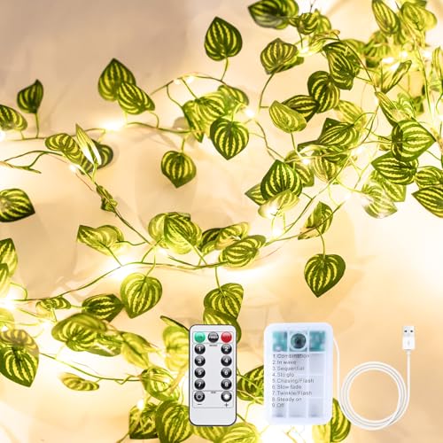 33Ft 100 LED Fake Plants Vines,Artificial Watermelon leaf Ivy Garland with Fairy Lights,for Home Living Bedroom Wall Art Aesthetic Office Coffee Room Wedding Party Farmhouse Dorm Outdoor Garden Decor - color: Watermelon String Lights