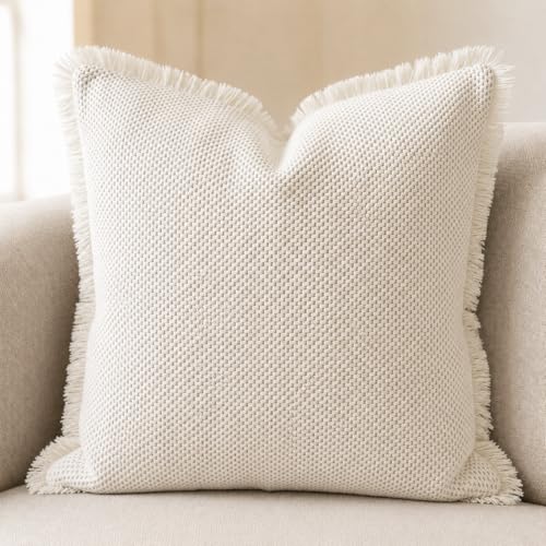 SanVia Cotton Throw Pillow Covers 20x20 – Handwoven Jacquard Texture, Fade-Resistant, No Pilling – Hidden Zipper, Decorative Cushion Cover for Sofa, Couch, Bed – Insert Not Included (Farmhouse, White) - color: Cream, size: 20" x 20"