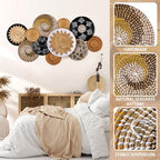 11 Pcs Boho Hanging Wall Basket Decor Handmade Woven Basket Wall Decorative Boho Wicker Baskets Placemats Round Farmhouse Bulrush Art for Rustic Home Decorations Christmas Gift(Stylish) - style: Stylish