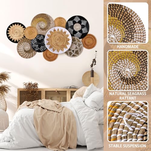 11 Pcs Boho Hanging Wall Basket Decor Handmade Woven Basket Wall Decorative Boho Wicker Baskets Placemats Round Farmhouse Bulrush Art for Rustic Home Decorations Christmas Gift(Stylish) - style: Stylish