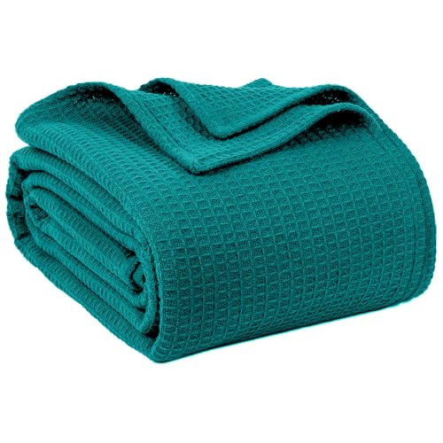 100% Cotton Blankets for Bed - Waffle Weave Blankets for Summer, Lightweight and Breathable Soft Woven Blanket for Spring (Teal, Queen (90" x 90")) - color: Teal, size: Queen (90" x 90")