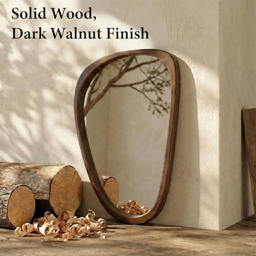 Solid Wood 36"x24" Retro Mid-Century Asymmetrical Wall Mirror, Irregular Wooden Wall-Mounted Mirror, Sculptural Bathroom Vanity Mirror for Living Room & Sideboard, Dark Walnut - color: Dark Walnut, size: 36"L x 24"W