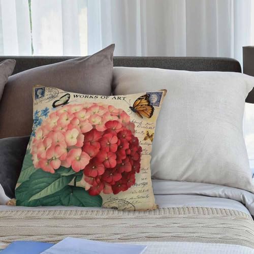 HGOD DESIGNS Throw Pillow Cover Ixora Flower with Vintage Butterfly Stamp Old Style Letter Yellow Pink Green Home Decorative Pillow Cases Cotton Linen Square Cushion Covers for Sofa Couch 18x18 Inch - color: Pillow 69