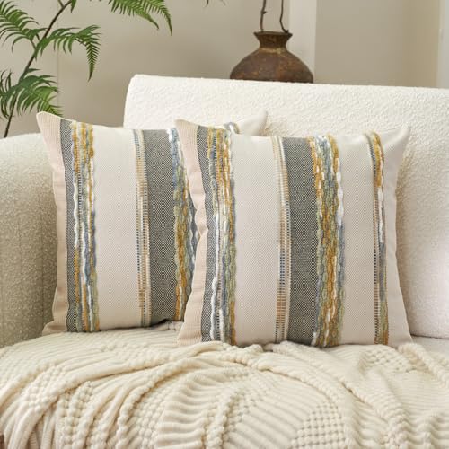 Aeckself Boho Throw Pillow Covers 18x18 Inch Set of 2, Farmhouse Decorative Striped Square Pillow Covers Chenille Tufted Pillow Cases Accent Neutral Pillowcase for Living Room Couch Bed, Yellow-Gray - color: Yellow