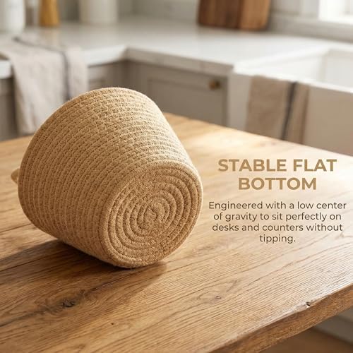 Khaki Cotton Rope Storage Baskets 3 Pack with Adhesive Hooks | 6.3"×6.3", Wall & Desktop Hanging, Nursery Organizer, For Plants, Keys, Office Supplies & Makeup - color: Khaki