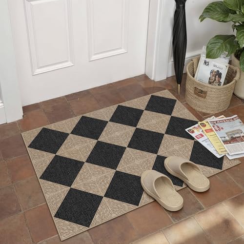 PureCozy 2x3 Checkered Easy Jute Kitchen Front Doormat Non Slip Washable Neutral Area Rug Textured Diamond Non Shedding Low Pile Black Checkerboard Floor Carpet for Farmhouse Entryway Porch Doorway - color: Black Textured|checkerboard-1, size: 2' x 3' (Re
