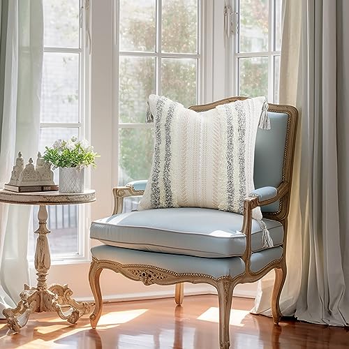 decorUhome Summer Decorative Boho Throw Pillow Cover 18x18, Accent Neutral Textured Tufted Pillow Cover Striped for Couch Bed Sofa, Light Grey and Cream White, Pack of 1 - color: Light Grey and Cream White, size: 18" x 18" (Pack of 1)