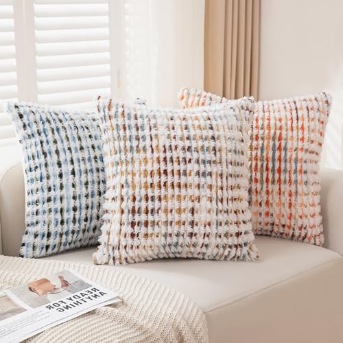 Boho Throw Pillow Covers Set of 2-18x18 Inch Farmhouse Tufted Pillow Covers Neutral Chenille Boho Throw Pillows, Accent Fluffy Pillow Cases for Couch Living Room Bed Sofa, Yellow and White - color: Yellow, size: 18" x 18" (Pack of 2)