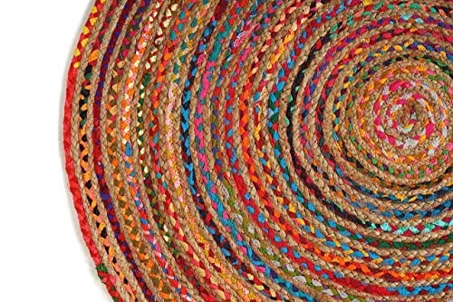 GRUHUM Handwoven 10'feet Jute Cotton Round Area Rug Natural Multi Chindi Boho Colorful Rustic Vintage Soft Braided Reversible Bohemian Rug Indoor EcoFriendly Kitchen Bedroom Living Room 10' ft Circle - color: Multi Color- 06, size: 10' (Round)