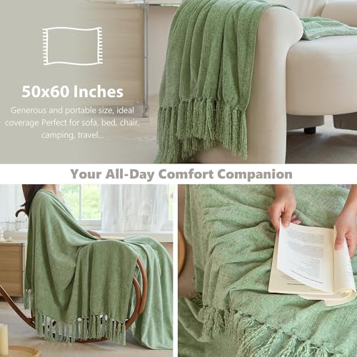 Simple&Opulence Soft Chenille Throw Blanket 50'' x 60'' - Cozy Fluffy Blanket with Fringe Tassel, Farmhouse Boho Blankets for Couch Bed Office Chair Gift Home Decor All Season Use,Sage Green - color: Sage Green