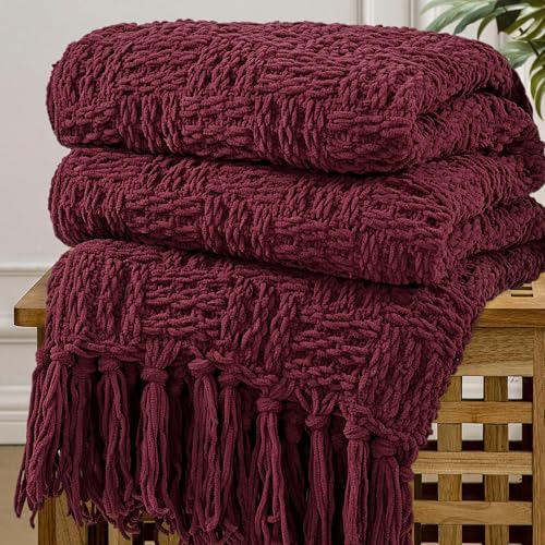 Home Soft Things Cable Knitted Throw Blankets 60" x 80", Burgundy, Soft Cozy Fluffy Decorative Throw with Tassels Couch Bed Sofa Cover Throw Blankets - color: Burgundy, size: 60" x 80"