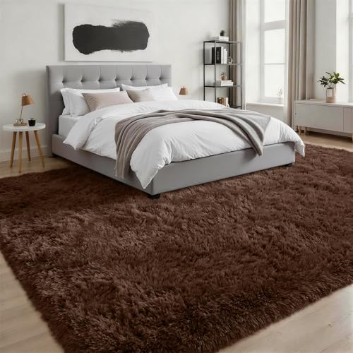 Fluffy Area Rugs 9x12 Living Room Bedroom: Ultra Soft Shag Rug Upgrade Non-Slip Non-Shedding Large Fuzzy Plush Carpet Indoor Floor Carpets for Kids Room Playroom Nursery Dorms Home Decor Brown - color: Brown, size: 9' x 12' (Rectangular)