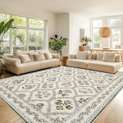 9x12 Olive Green Area Rugs Washable Rug for Living Room Big Bedroom Faux Wool Soft No Slip Floral Emerald Hunter Green and Beige Boho Vintage Extra Large Carpet for Dining Room Under Table 9x12 - color: Olive / Beige, size: 9' x 12' (Rectangular)