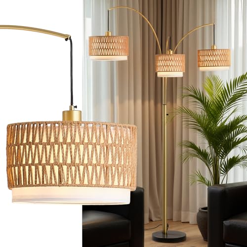 Gold Rattan Floor Lamp for Living Room, 80 Inch Tall Boho Floor Lamp with Rotary Switch, 3 Lights Arc Lamp with Wicker Shade for Coastal,Bohemian,Tree Farmhouse Standing Lamp - color: Rattan+Gold