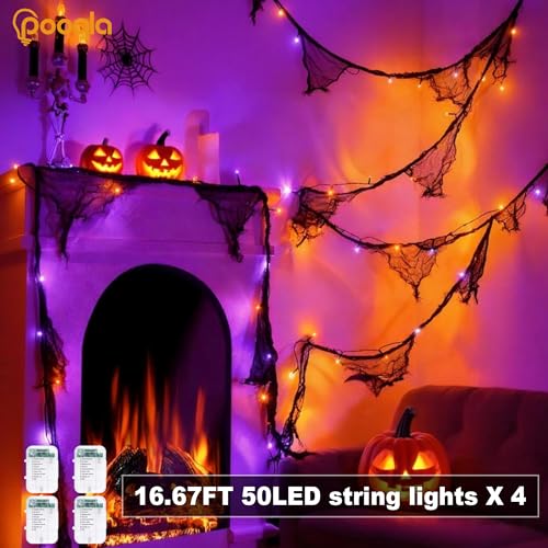 Pooqla 4 Pack String Lights Battery Operated, Total 66.6ft 200 LED Fairy Lights Indoor Outdoor Decorations, 8 Modes Battery Lights for Halloween Bedroom Classroom Porch Party Yard Decor, Orange Purple - color: Orange and purple, size: 50 LED x4
