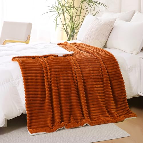 Burnt Orange Sherpa Fleece Throw Blanket 60”×80” for Couch Sofa Bed,Double Side Soft Cozy Plush Thick Flannel Blanket with Striped Design,Gift for Adults,Woman,Girls - color: Burnt Orange, size: 60×80inch