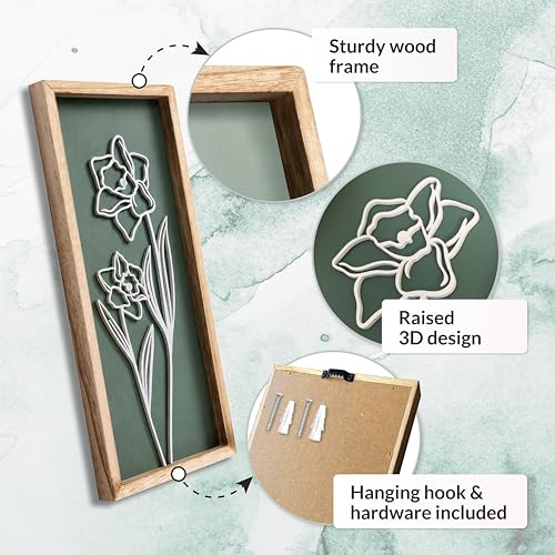 3D Floral Green Wall Art (Set of 2) Lightweight, Wooden Ready-to-Hang Boho Framed Wall Art for Bathroom, Bedroom, Living Room or Office – Premium Sage Green Farmhouse Decor – Gift-Boxed - color: Green, size: 7" x 16"