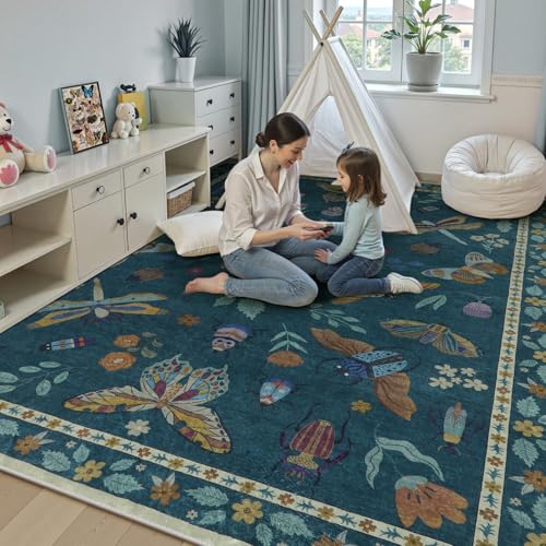 Beeiva Insect Print Bedroom Rug 8x10 Under Bed Non Slip, Foldable Washable Rugs 8x10, Low Pile 8 x 10 Area Rug for Bedroom Large Carpet for Kids Room Playroom Living Room Dorm Decor(Dark Green,8x10ft) - color: Dark Green, size: 8' x 10' (Rectangular)