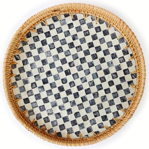 YANGQIHOME Round Rattan Tray with Handle, Mother of Pearl Inlay Decorative Wicker Basket for Coffee, Bread, Fruits, Serving Tray for Home Decor, Checkerboard - color: Checkerboard, size: 13.8"