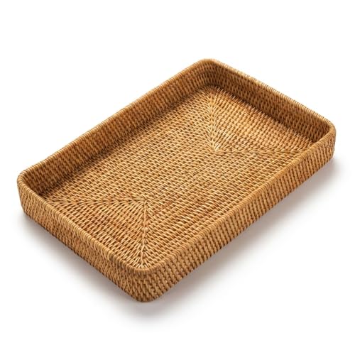 14.6" x 9.1" Large Wicker Storage Tray, Natural Rattan Basket Decorative Handwoven Rectangular Basket for Bread, Fruit, Toiletries,Towels & Home Organization (Natural M) - color: Natural M (14.6" × 9.1")