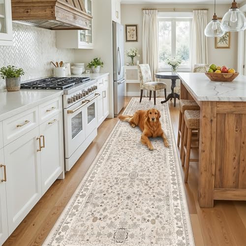 3x12 ft Long Kitchen Runner Rug - Non-Slip Washable Hallway Rug with Rubber Backing,Boho Floral Soft Low Pile Floor Carpet Runner for Entryway,Bedroom,Living Room（Beige,3x12） - color: Beige, size: 3' x 12' (Rectangular)