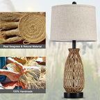 Boho Table Lamp Set of 2, 27" Handwoven Rattan Lamps with Fabric Shade, Bohemian Farmhouse Bedside Lamp Modern Wicker Lamps with Rotary Switch for Bedroom Living Room Nightstands Dorm Farmhouse Decor