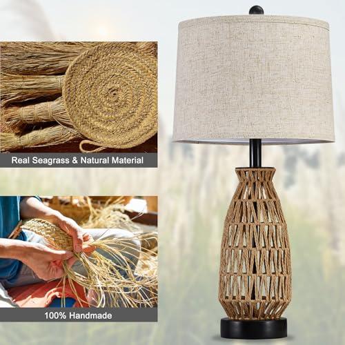 Boho Table Lamp Set of 2, 27" Handwoven Rattan Lamps with Fabric Shade, Bohemian Farmhouse Bedside Lamp Modern Wicker Lamps with Rotary Switch for Bedroom Living Room Nightstands Dorm Farmhouse Decor