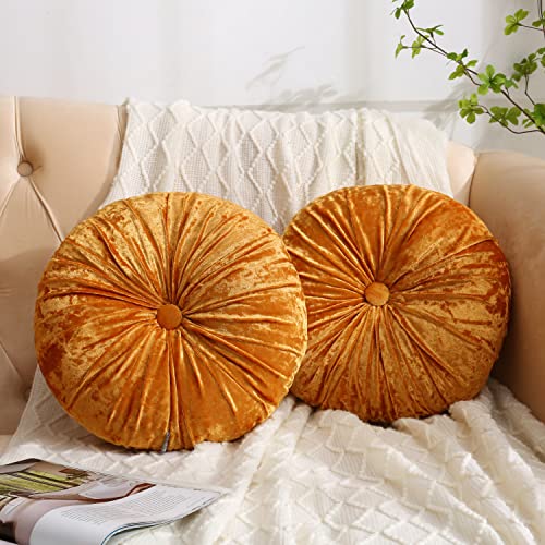 Verpert Pack 2：Round Floor Cushions Pillow, Solid Color Velvet Meditation Cushion Pumpkin Pleated Meditation Pillow for Home Sofa Bed Car Decor Floor Pillow Cushion Gold - color: Gold