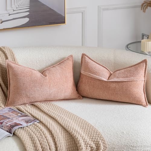 MADIZZ Pack of 2 Decorative Throw Pillow Covers Soft Chenille Throw Pillows Solid Textured Cushion Covers for Couch Sofa Bedroom Living Room 20x12 Inch, Peach - color: Peach, size: 20" x 12" (Pack of 2)