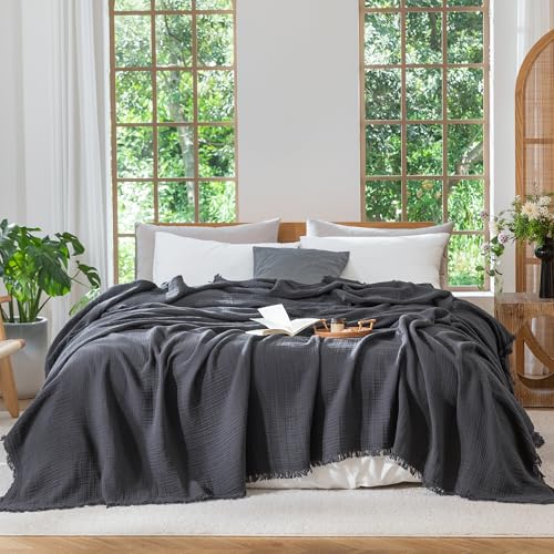 MooMee Muslin Blanket - 100% Cotton 4-Layer Gauze Throw Blanket with All-Around Fringe, Soft Breathable Lightweight Cooling Summer Blankets for Bed Couch (Dark Grey, Queen 90" x 90") - color: Dark Grey, size: Queen