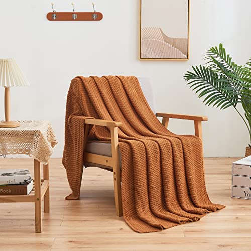 Longhui bedding 100% Cotton Knitted Throw Blanket – Burnt Orange, Soft & Cozy, Machine Washable, 60"x80" – Perfect for Living Room, Couch, Sofa, Bed or Travel - color: Burnt Orange, size: 60" x 80", Oversized