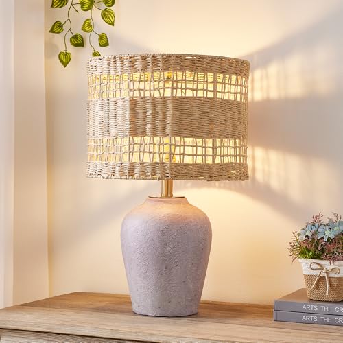 Maxax 21" Boho Table Lamp for Bedroom, Farmhouse Ceramic Bedside Lamp with Woven Rattan Shade, 3 Way Dimmable Coastal Rattan Bedroom Lamp for Nightstand Office Home - color: Dark gray